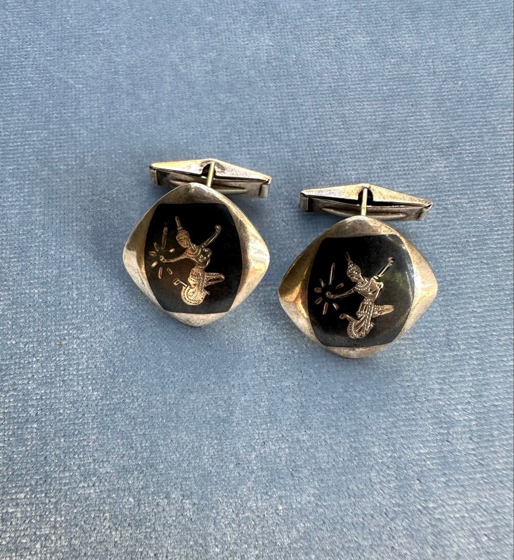 Vintage Siam Sterling Silver Niello Cufflinks Thai Dancer Black Enamel Mekkala